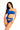 Bold asymmetrical blue swimsuit with statement belt