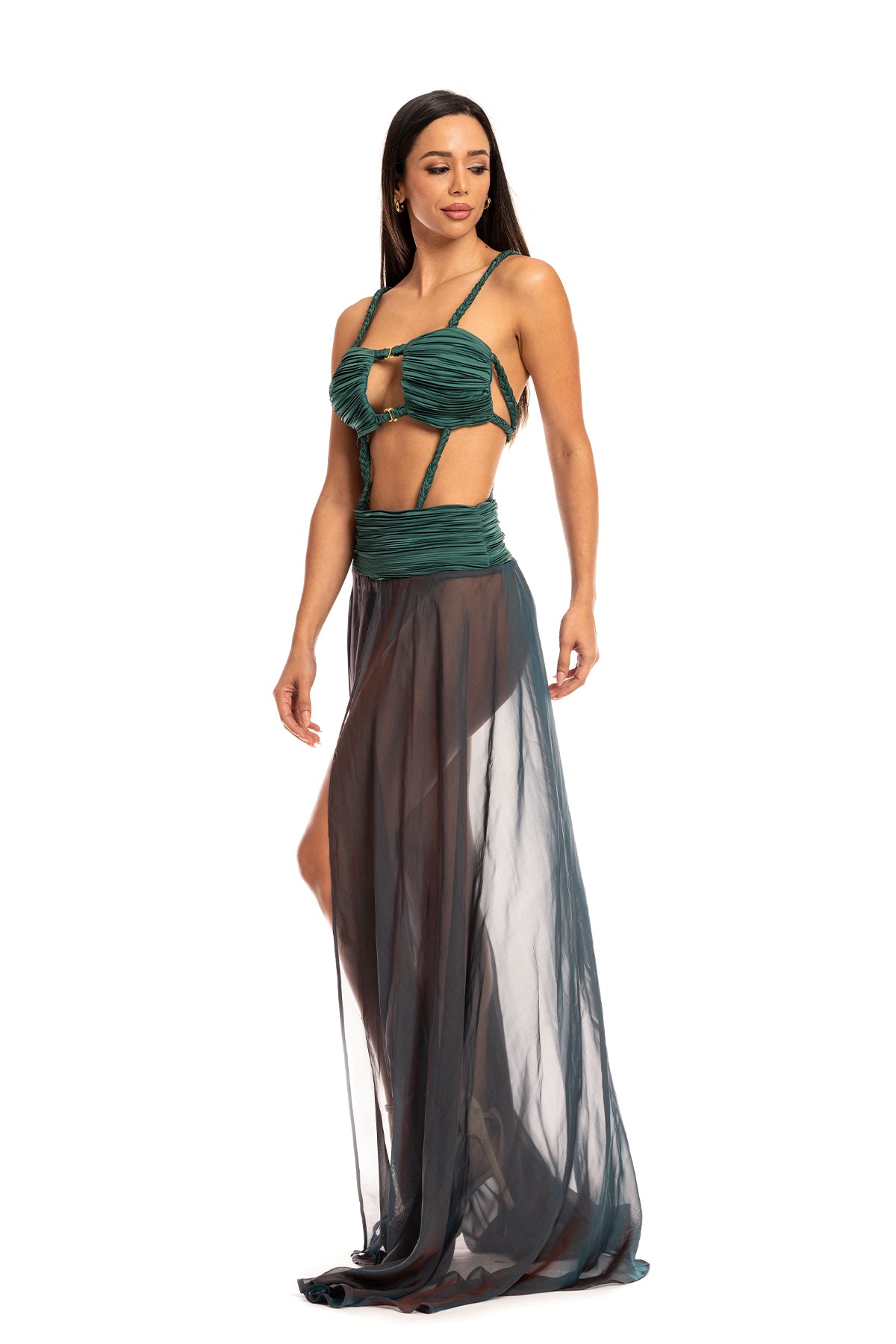 Sophisticated two-piece outfit with ruched top and flowy skirt