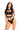 Front view of the Cayena one-piece swimsuit featuring gold chain detail and high neckline.