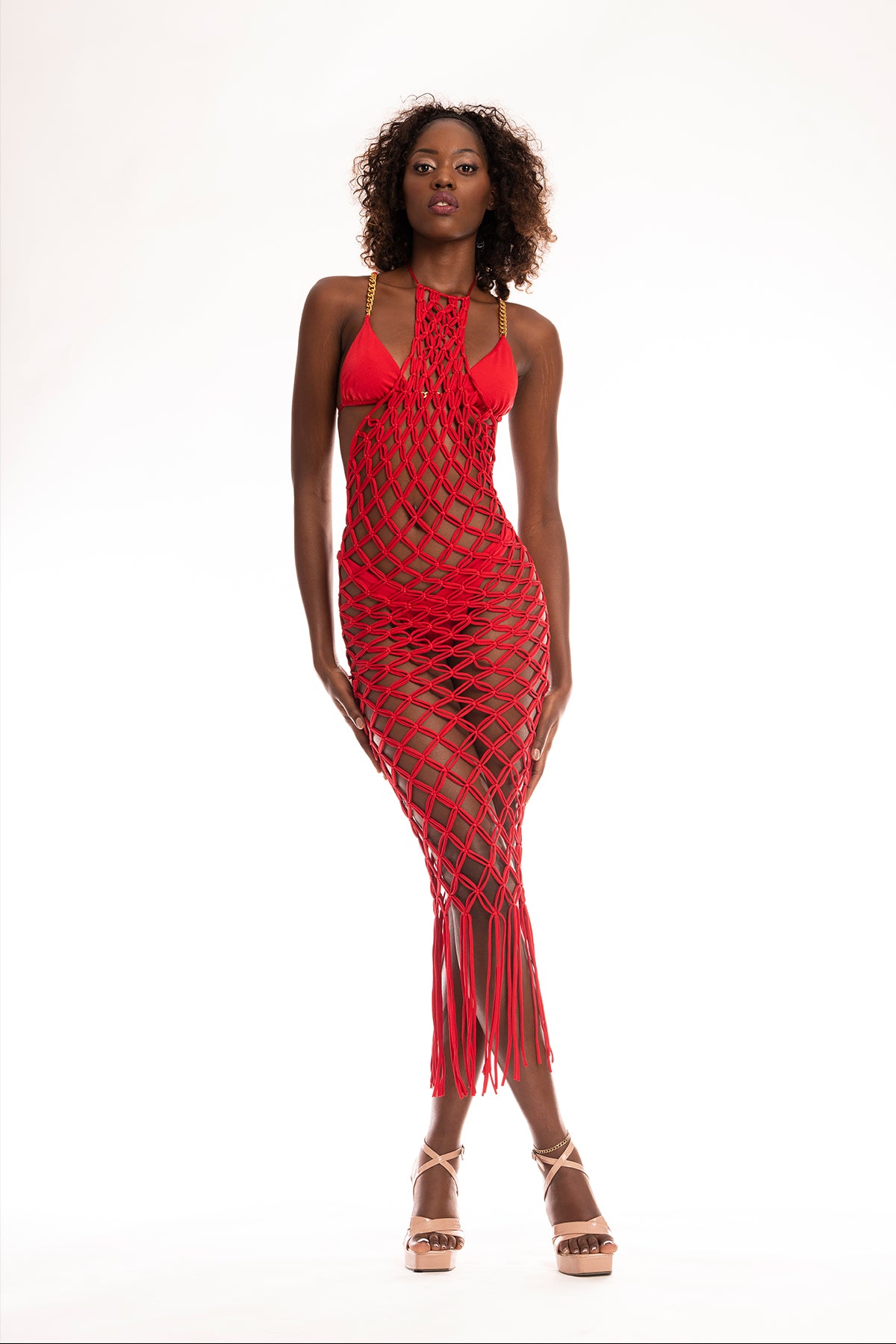 Cherry Rose macramé cover-up with fringe details
