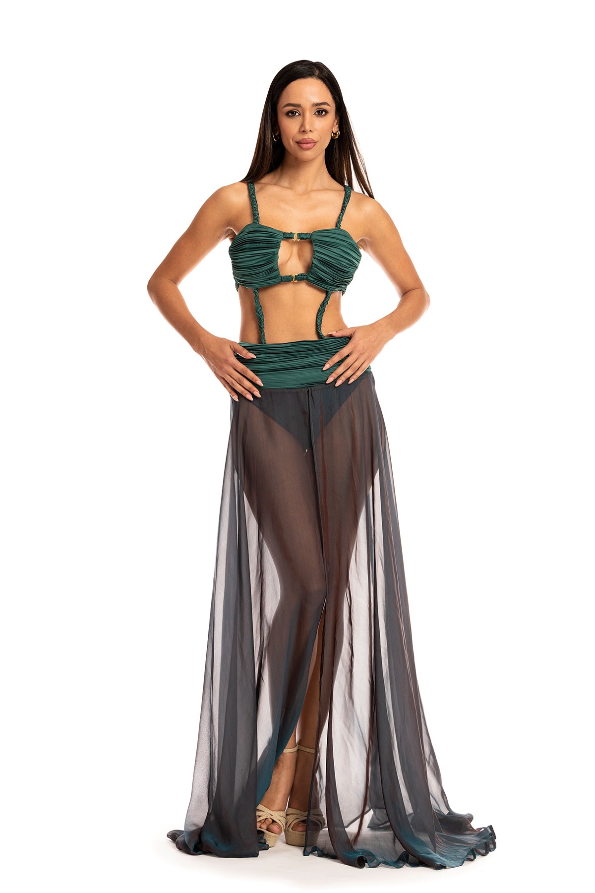Jade dress with structured ruched top and sheer flowy skirt