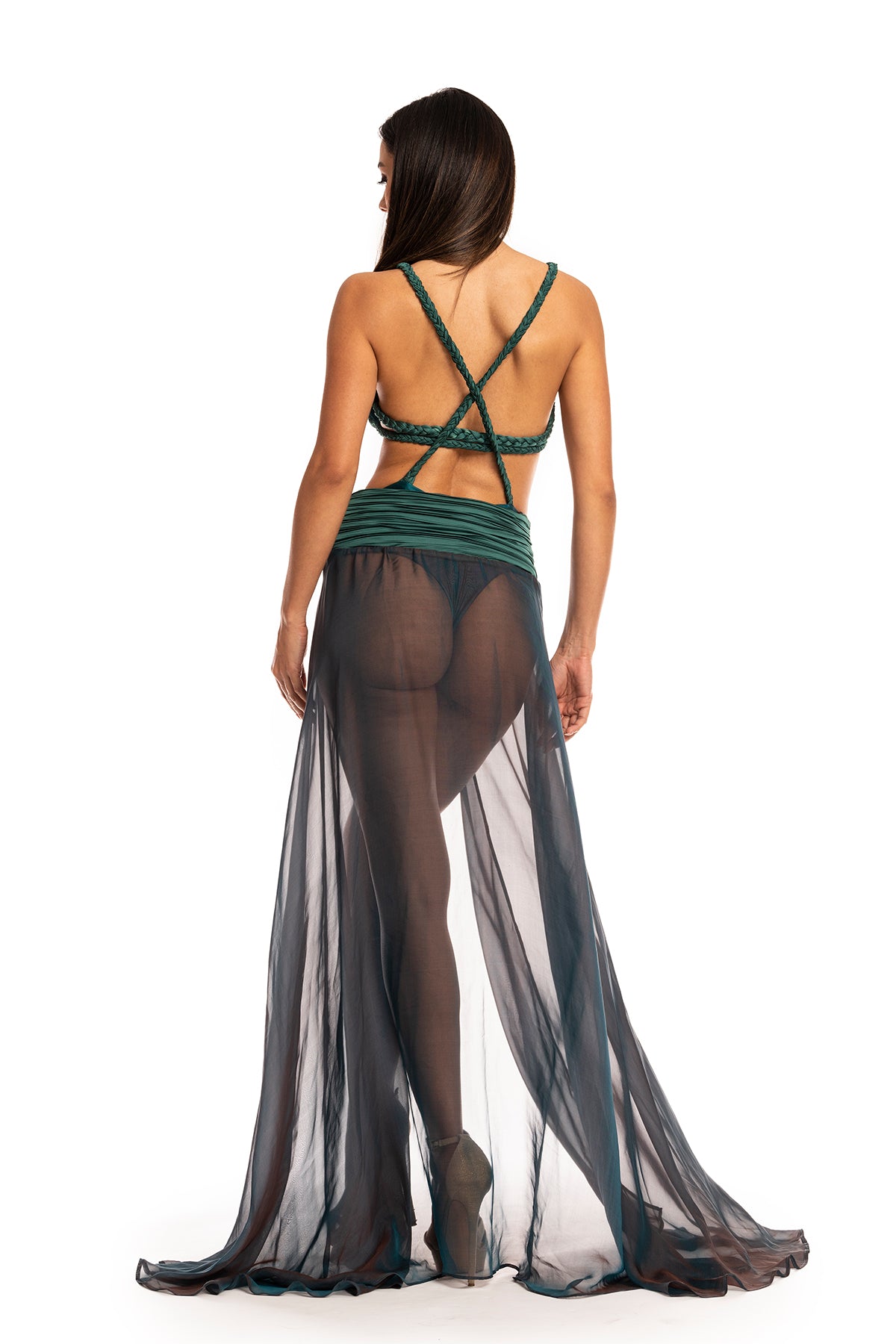 Luxury two-piece ensemble in deep jade green